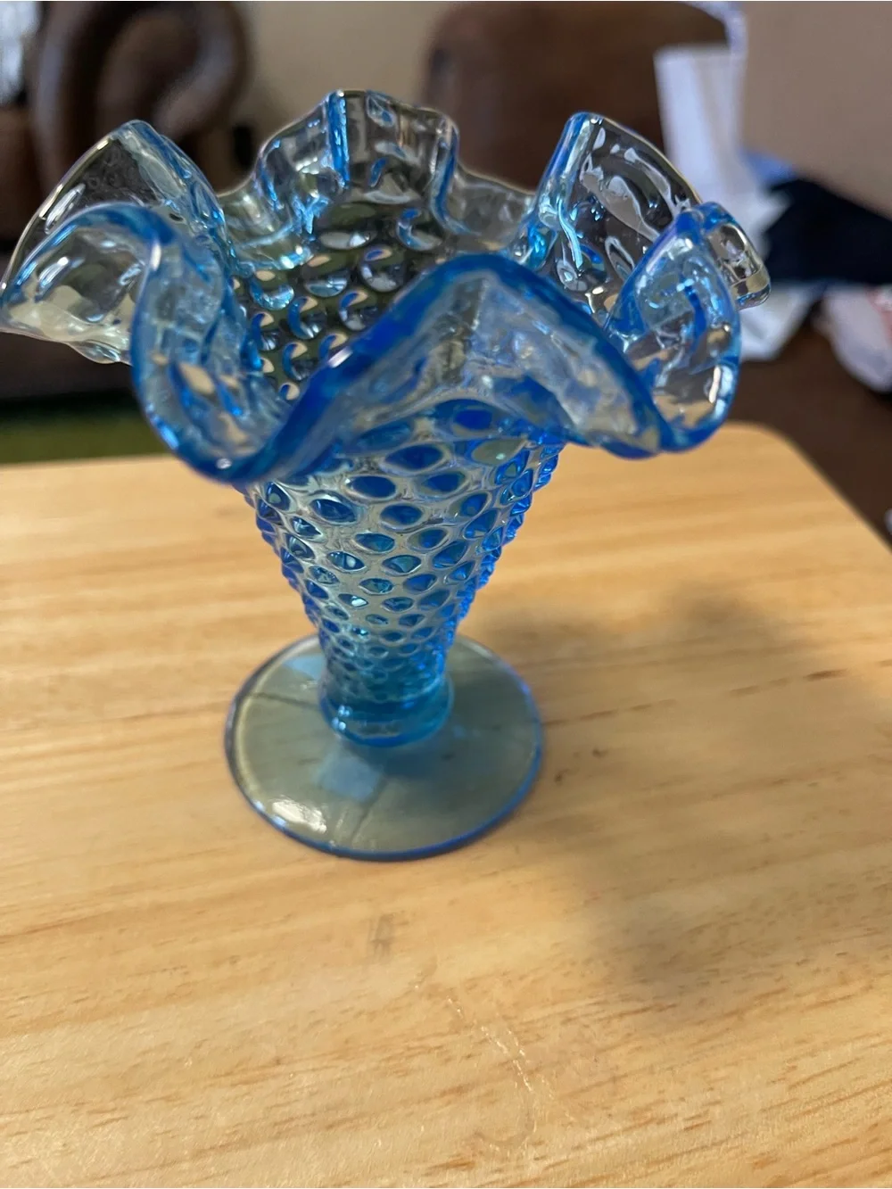 Vintage Fenton Blue Ruffled Edge Hobnail Glass Small Pedestal Vase